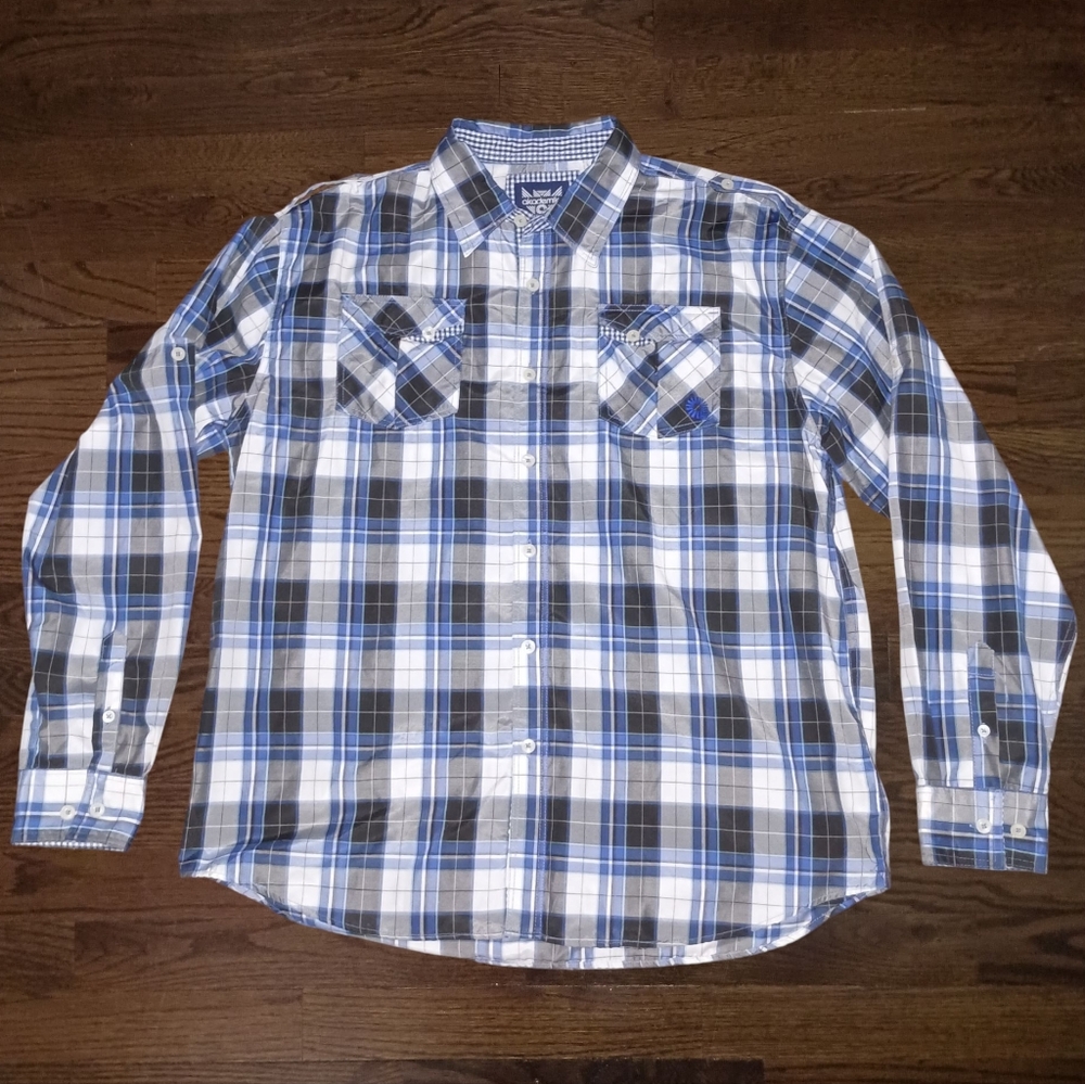 Mens Akademiks Black Blue White Plaid Button Front Shirt Size 5XL XXXXXL